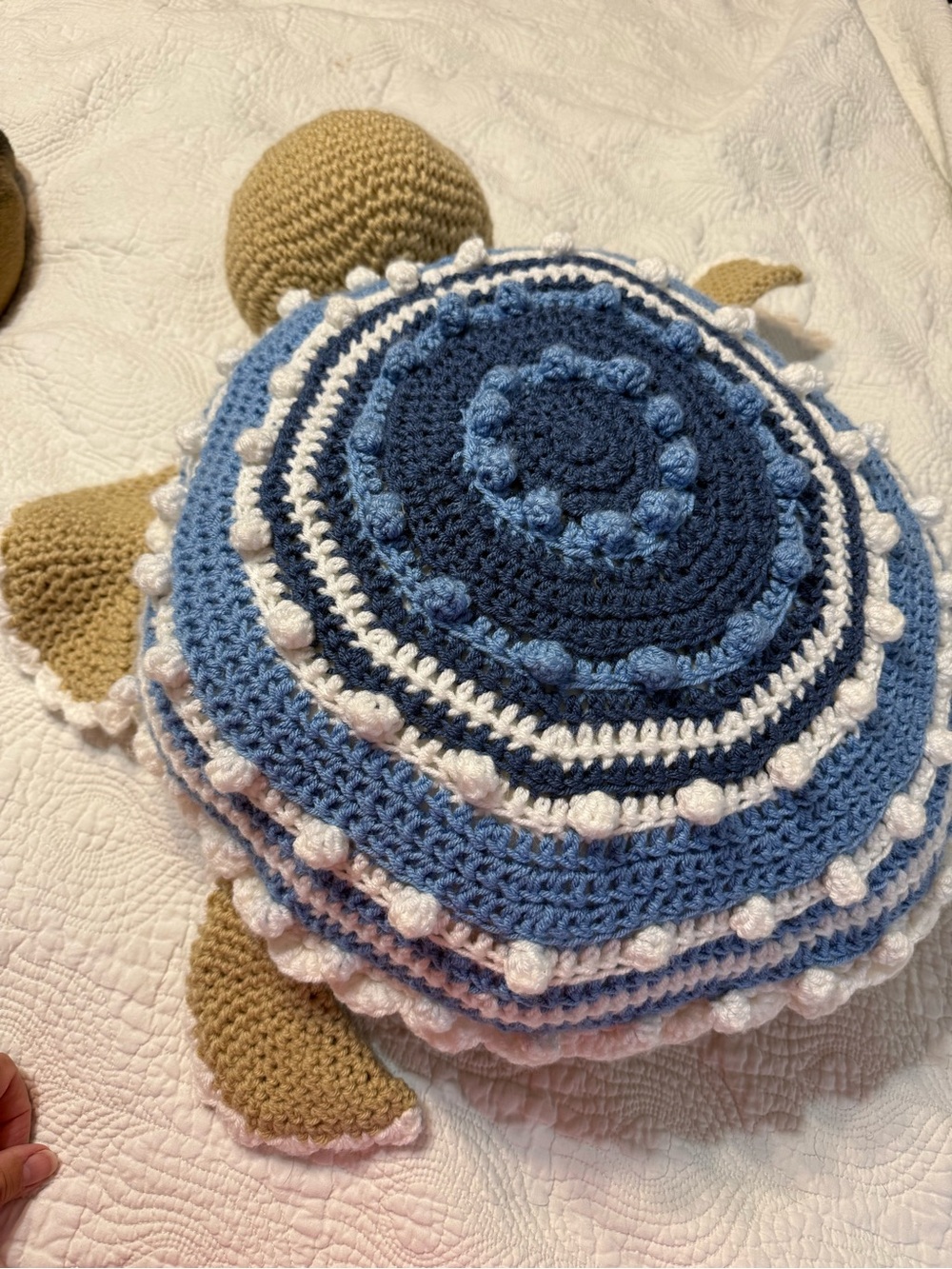 Handmade Blue and White Crocheted Turtle Accent Pillow